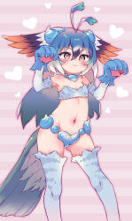 Rule 34 | 1girl, :3, animal hands, antenna hair, bare shoulders, bird tail, bird wings, black hair, blue hair, blush, breasts, brown eyes, character request, commentary, cosplay, elbow gloves, feet out of frame, gloves, gradient hair, grey hair, groin, hair between eyes, head wings, heart, highres, jewelry, kemono friends, kolshica, long hair, multicolored hair, navel, necklace, paw gloves, paw pose, petite, pink background, shiisaa right, shiisaa right (cosplay), simple background, small breasts, smile, solo, stomach, strapless, striped, striped background, tail, thighhighs, tube top, very long hair, white hair, wings