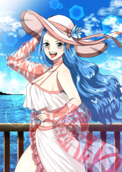 Rule 34 | 1girl, alternate costume, bare shoulders, blue hair, blush, cloud, cloudy sky, commentary request, hand on headwear, hat, long hair, looking at viewer, musasabiop, nefertari vivi, ocean, one piece, open mouth, outdoors, sky, smile, solo, teeth, water