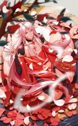 Rule 34 | 1boy, androgynous, bishounen, flower, food fantasy, full body, hibiscus tea (food fantasy), highres, long hair, looking at viewer, nail polish, official art, pale skin, petals, pink hair, red eyes, second-party source, solo, tattoo