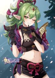 Rule 34 | 1girl, black gloves, black shirt, black shorts, breasts, commentary, commission, cosplay, cowboy shot, crop top, felielle, fire emblem, fire emblem awakening, genshin impact, gloves, green eyes, green hair, grin, hands up, head tilt, highres, holding, holding mask, jacket, kuki shinobu, kuki shinobu (cosplay), long hair, looking at viewer, mask, midriff, navel, nintendo, one eye closed, open clothes, open jacket, pointy ears, ponytail, purple jacket, shirt, short shorts, shorts, sideboob, sidelocks, small breasts, smile, solo, standing, stomach, tiki (adult) (fire emblem), tiki (fire emblem)