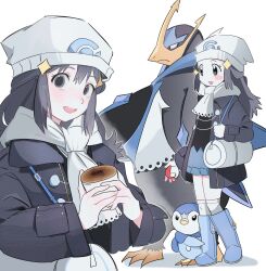Rule 34 | 1girl, alternate color, beanie, bird, black hair, black jacket, blue skin, blush, colored skin, commentary, commentary request, creatures (company), dawn (pokemon), empoleon, game freak, gen 4 pokemon, grey eyes, hat, highres, jacket, long hair, looking at viewer, memoji 7672, mixed-language commentary, multiple views, nintendo, open mouth, penguin, piplup, pokemon, pokemon (creature), pokemon dppt, smile, teeth, upper teeth only, v-shaped eyebrows, white background, white headwear