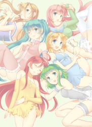 Rule 34 | 6+girls, :d, :o, ;), ahoge, aqua eyes, aqua hair, blonde hair, blue eyes, breasts, choker, closed eyes, detached sleeves, dress, female focus, finger to mouth, frilled dress, frilled nightgown, frills, green eyes, green hair, gumi, hand on own chest, hatsune miku, kagamine rin, legband, lily (vocaloid), long hair, looking at viewer, lying, megurine luka, multiple girls, nacht (nacht 01), nightgown, off shoulder, on back, on side, one eye closed, open mouth, parted lips, pink hair, red hair, round teeth, sf-a2 miki, short dress, short hair, sleeping, smile, strap slip, teeth, thighhighs, twintails, vocaloid, wink