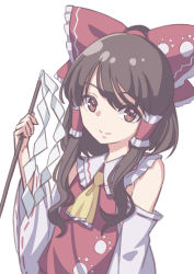 Rule 34 | 1girl, absurdres, ascot, bow, brown eyes, brown hair, detached sleeves, eyebrows hidden by hair, frills, gohei, hair bow, hair tubes, hakurei reimu, highres, holding, holding stick, kame (kamepan44231), long hair, looking at viewer, red bow, ribbon trim, simple background, smile, solo, stick, swept bangs, touhou, upper body, white background, wide sleeves, wily beast and weakest creature