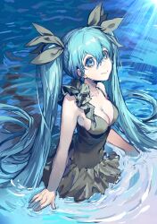 Rule 34 | 1girl, absurdres, aqua eyes, aqua hair, asymmetrical dress, bare arms, bare shoulders, black dress, blue eyes, blue hair, bow, breasts, cleavage, closed mouth, collarbone, crying, crying with eyes open, dress, grey bow, hair between eyes, hair bow, hatsune miku, highres, kako (pixiv77158173), long hair, medium breasts, pale skin, partially submerged, shinkai shoujo (vocaloid), short dress, sideboob, sitting, sleeveless, sleeveless dress, smile, solo, tearing up, tears, twintails, very long hair, vocaloid, wet, wet clothes, wet hair