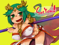 Rule 34 | 1girl, @ @, bent over, blush, breasts, commentary request, covered erect nipples, downblouse, dress, english text, fang, green eyes, green hair, huge breasts, jewelry, kid icarus, long hair, masha, matching hair/eyes, necklace, nintendo, open mouth, palutena, simple background, smile, solo, speech bubble, staff, talking, thighhighs, tooth, yellow background