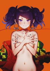 Rule 34 | 1girl, bad id, bad twitter id, blush, breasts, collarbone, covering privates, covering breasts, diagonal bangs, ear piercing, earrings, green nails, groin, highres, idolmaster, idolmaster shiny colors, jacket, unworn jacket, jewelry, looking at viewer, multicolored nails, nail polish, navel, nude, orange background, piercing, purple eyes, purple hair, purple nails, ring, shamonabe, simple background, smile, solo, string, string of fate, tanaka mamimi, twintails