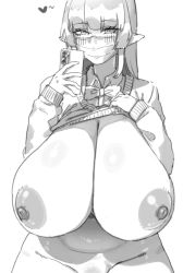 Rule 34 | 1girl, bottomless, bow, bowtie, breasts, breasts out, cardigan, cellphone, cleavage, clothes lift, elf, greyscale, groin, huge breasts, large areolae, mask, monochrome, mouth mask, original, phone, plump, pointy ears, selfie, shirt lift, smartphone, solo, standing, swimsuit, thighs, xiangzi box