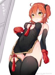 Rule 34 | 1girl, ahoge, alternate costume, black dress, black panties, black thighhighs, blush, braid, breasts, china dress, chinese clothes, cleavage cutout, clothing cutout, covered navel, cowboy shot, detached sleeves, dress, dutch angle, embarrassed, fate/grand order, fate (series), from below, fujimaru ritsuka (female), gloves, hair ribbon, kanro ame (ameko), one side up, orange hair, panties, red gloves, ribbon, short dress, side braid, side slit, small breasts, solo, sweatdrop, tassel, thighhighs, underwear, wavy mouth, yellow eyes