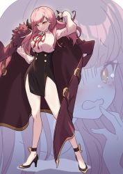 Rule 34 | 1girl, aru (blue archive), black footwear, blue archive, blush, breasts, coat, fur trim, grin, high heels, horns, long hair, looking at viewer, luvents3, open mouth, pink hair, skirt, smile, solo, tears, yellow eyes, zoom layer