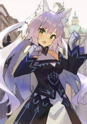 Rule 34 | 1girl, ahoge, animal ears, atalanta (fate), atalanta alter (fate), atalanta alter (first ascension) (fate), bare shoulders, belt collar, black collar, black dress, blush, braid, breasts, cat ears, cat girl, collar, detached sleeves, dress, fate/apocrypha, fate/grand order, fate (series), french braid, green eyes, long hair, looking at viewer, medium breasts, open mouth, paw pose, silver hair, solo, zenshin
