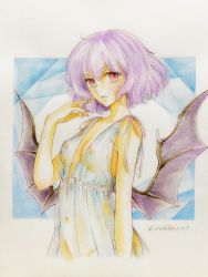 Rule 34 | 1girl, babydoll, bat wings, black wings, breasts, colored pencil (medium), commentary, cropped torso, groin, highres, lingerie, looking at viewer, low wings, navel, nipples, no headwear, no headwear, parted lips, purple hair, q-bee (aaru), red eyes, remilia scarlet, see-through, short hair, small breasts, solo, standing, touhou, traditional media, twitter username, underwear, wings