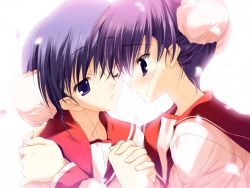 Rule 34 | 00s, 2girls, backlighting, blue eyes, blue hair, blush, bun cover, double bun, embarrassed, eye contact, from side, game cg, hair between eyes, hair bun, hand on another&#039;s back, hand on another&#039;s shoulder, head tilt, himeyuri ruri, himeyuri sango, hug, imminent kiss, interlocked fingers, long sleeves, looking at another, mitsumi misato, multiple girls, nakamura takeshi, one eye closed, own hands clasped, own hands together, parted lips, petals, profile, purple eyes, purple hair, raised eyebrows, school uniform, serafuku, short hair, siblings, sisters, sweatdrop, to heart (series), to heart 2, twins, upper body, yuri