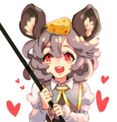 Rule 34 | 1girl, :3, :d, animal ears, bad id, bad pixiv id, cheese, cheong ha, food, grey hair, heart, looking up, mouse ears, nazrin, object on head, open mouth, red eyes, rod, round teeth, saliva, smile, solo, teeth, touhou, upper body