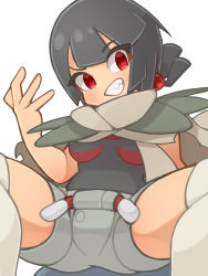 Rule 34 | 1girl, absurdres, black hair, black shirt, breasts, cloak, commentary, creatures (company), game freak, grey shorts, grey thighhighs, highres, medium breasts, nintendo, pokemon, pokemon oras, red eyes, sharp teeth, shirt, short hair, short shorts, shorts, simple background, smile, solo, sweelan, symbol-only commentary, teeth, thighhighs, white background, zinnia (pokemon)