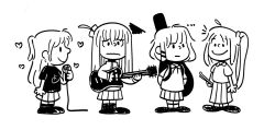 Rule 34 | 4girls, bocchi the rock!, charles schulz (style), commentary, cube hair ornament, dawn (paper dawn), drumsticks, electric guitar, english commentary, gotoh hitori, guitar, guitar case, hair ornament, highres, ijichi nijika, instrument, instrument case, jacket, kita ikuyo, lineart, long hair, microphone, multiple girls, parody, peanuts (comic), pleated skirt, school uniform, short hair, side ponytail, skirt, smile, style parody, two side up, wavy mouth, yamada ryo