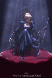 Rule 34 | 1girl, absurdres, artoria pendragon (all), artoria pendragon (fate), black dress, black footwear, blonde hair, braid, braided bun, breasts, carpet, chair, chalice, character name, cleavage, covered erect nipples, crossed legs, crown braid, cup, dark background, dress, elbow rest, excalibur morgan (fate), expressionless, fate/grand order, fate (series), hair between eyes, hair bun, hand on own face, high heels, highres, long bangs, looking at viewer, md5 mismatch, medium breasts, mugetsu2501, pale skin, planted, planted sword, planted weapon, red carpet, resolution mismatch, saber alter, single hair bun, solo, source larger, sword, throne, weapon, yellow eyes