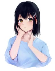 Rule 34 | 1girl, 73suke, absurdres, alternate costume, black hair, blue shirt, brown eyes, commentary request, cropped torso, haguro (kancolle), hair ornament, hand on own face, highres, kantai collection, looking at viewer, shirt, short hair, simple background, solo, upper body, white background