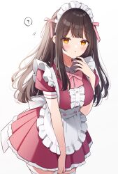 Rule 34 | 1girl, :o, ?, absurdres, apron, bow, brown hair, center frills, check copyright, collared dress, copyright request, dress, frills, hair ribbon, highres, maid, maid apron, maid headdress, original, pink bow, pink ribbon, pleated dress, ribbon, simamura hibari, solo, spoken question mark, two side up, yellow eyes