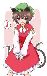 Rule 34 | 1girl, :d, animal ears, brown hair, cat ears, cat tail, chen, commentary request, dress, hat, looking at viewer, mob cap, multiple tails, musical note, nekomata, open mouth, red dress, red eyes, shio (futatsumami), short hair, smile, solo, spoken musical note, tail, touhou, two tails
