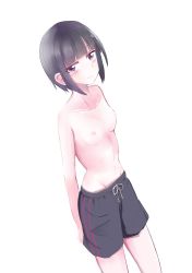 Rule 34 | 1girl, :|, absurdres, arms behind back, black hair, black male swimwear, black swim trunks, blunt bangs, blush, breasts, closed mouth, collarbone, commentary, cowboy shot, crossdressing, drawstring, embarrassed, expressionless, from above, furrowed brow, groin, hair strand, highres, idolmaster, idolmaster cinderella girls, jitome, looking at viewer, looking to the side, looking up, male swimwear, male swimwear challenge, navel, penguin potof, purple eyes, shirayuki chiyo, short hair, sidelocks, simple background, skirt, small breasts, solo, swim trunks, swimsuit, topless, vertical-striped male swimwear, white background