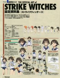 Rule 34 | 00s, 6+girls, arm up, ass, black hair, brown hair, buruma, bust chart, charlotte e. yeager, copyright name, drum magazine, high-capacity magazine, long sleeves, looking at viewer, magazine (weapon), miyafuji yoshika, multiple girls, rabbit girl, scan, shirt, short hair, sportswear, standing, strike witches, swimsuit, swimsuit under clothes, white shirt, world witches series