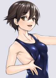 Rule 34 | 1girl, armpits, asashin (kazami-tomo), breasts, brown eyes, brown hair, clothes pull, covered navel, grey background, hair between eyes, looking at viewer, miyafuji yoshika, one-piece swimsuit pull, school swimsuit, self exposure, short hair, sideboob, small breasts, smile, solo, strike witches, swimsuit, world witches series