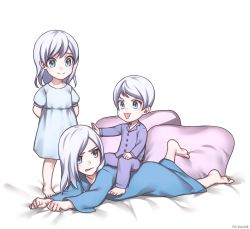 Rule 34 | 1boy, 2girls, ahoge, blue eyes, blush, brother and sister, kio rojine, long hair, multiple girls, open mouth, rwby, short hair, siblings, sisters, sleepwear, smile, v-shaped eyebrows, weiss schnee, white hair, whitley schnee, winter schnee, aged down