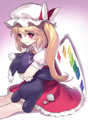 Rule 34 | 1girl, ainy, bad id, bad pixiv id, blonde hair, bow, crying, crying with eyes open, crystal, flandre scarlet, gradient background, hat, hat bow, hug, looking at viewer, mob cap, puffy sleeves, red eyes, shirt, short sleeves, side ponytail, sitting, skirt, skirt set, solo, stuffed animal, stuffed rabbit, stuffed toy, tears, touhou, vest, wings