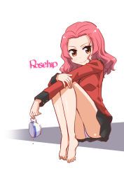 Rule 34 | 1girl, barefoot, black skirt, blush, brown eyes, character name, closed mouth, commentary request, cup, girls und panzer, highres, hugging own legs, jacket, long sleeves, looking at viewer, medium hair, military, military uniform, miniskirt, panties, pantyshot, pleated skirt, red hair, red jacket, rosehip (girls und panzer), school uniform, simple background, sitting, skirt, smile, solo, spilling, st. gloriana&#039;s military uniform, takeuchi motoki, tea, teacup, underwear, uniform, white background