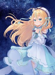 Rule 34 | 1girl, ahoge, beret, blonde hair, blue eyes, breasts, chidori hina (vtuber), detached sleeves, dress, hair between eyes, hair ornament, hand on own chest, harvest moon (vtuber), hat, highres, long hair, looking at viewer, night, resolution mismatch, sese nagi, sky, small breasts, smile, solo, source smaller, star (sky), starry sky, thighhighs, virtual youtuber