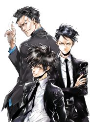 Rule 34 | 3boys, absurdres, amano akira, belt, black hair, black neckwear, black suit, blue eyes, blue shirt, brown eyes, card, character request, commentary request, formal, highres, key visual, looking at viewer, multiple boys, necktie, official art, promotional art, psycho-pass, shirt, short hair, suit, white background, white shirt, yellow eyes
