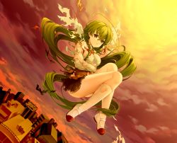 Rule 34 | 1girl, absurdres, ascot, braid, breasts, brown skirt, cityscape, closed mouth, cloud, cloudy sky, commentary request, exploding clothes, full body, green hair, hair between eyes, highres, kneehighs, long hair, long sleeves, looking at viewer, may (2747513627), medium breasts, midair, outdoors, pleated skirt, red ascot, sayonara wo oshiete, shirt, shoes, skirt, sky, socks, solo, sugamo mutsuki, sunset, torn ascot, torn clothes, torn legwear, torn shirt, torn skirt, torn socks, twin braids, uwabaki, very long hair, white footwear, white shirt, white socks