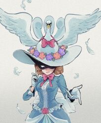 Rule 34 | 1girl, ace attorney, bird, blonde hair, blue dress, bow, breasts, dress, eye mask, feathers, flower, frilled dress, frills, gloves, hand up, hat, hat flower, highres, holding, holding mask, jezaille brett, long sleeves, mask, medium breasts, nervous sweating, pink bow, pink flower, pink rose, purple flower, rose, short hair, solo, standing, swan, sweat, teeth, the great ace attorney, white gloves, white hat, zuzuko