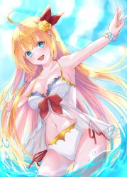 Rule 34 | 1girl, :d, absurdres, ahoge, armpits, bad id, bad pixiv id, bikini, blonde hair, blue eyes, bow, bracelet, breasts, cleavage, collarbone, cowboy shot, floating hair, flower, hair between eyes, hair bow, hair flower, hair ornament, hairband, highres, jewelry, long hair, looking at viewer, medium breasts, midriff, navel, open mouth, outstretched arms, pecorine (princess connect!), pecorine (summer) (princess connect!), princess connect!, red bow, red ribbon, ribbon, rose, ryuna (inc moon), see-through, side-tie bikini bottom, smile, solo, standing, stomach, swimsuit, very long hair, wading, white bikini, white hairband, yellow flower, yellow rose