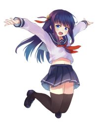Rule 34 | 1girl, :d, bell, black hair, black thighhighs, blue eyes, hair bell, hair ornament, jumping, loafers, long hair, looking at viewer, midair, midriff, navel, open mouth, original, outstretched arms, pleated skirt, school uniform, serafuku, shoes, simple background, sketch, skirt, smile, solo, spread arms, taira (pixiv9613131), thighhighs, white background