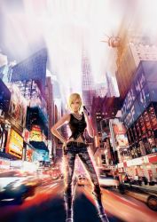 Rule 34 | 1girl, aya brea, bare shoulders, blonde hair, blue eyes, boots, bracelet, city, city lights, denim, facing viewer, feet out of frame, gun, hand on own hip, handgun, highres, hip focus, jeans, jewelry, looking at viewer, midriff, motion blur, navel, necklace, new york, new york city, official art, pants, parasite eve, parasite eve the 3rd birthday, pistol, short hair, square enix, standing, statue of liberty, times square, torn clothes, weapon