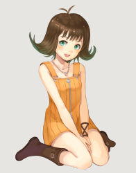 Rule 34 | 1girl, brown hair, dress, final fantasy, final fantasy viii, flipped hair, full-length zipper, full body, green eyes, jewelry, looking at viewer, necklace, open mouth, purea, selphie tilmitt, short hair, simple background, skirt, smile, solo, yellow dress, zipper