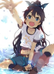 Rule 34 | 1girl, arm up, bad id, bad pixiv id, belt, black hair, blue eyes, boots, bracelet, fang, ganaha hibiki, hair ribbon, idolmaster, idolmaster (classic), indian style, jewelry, long hair, midriff, navel, ogipote, open mouth, outstretched arm, outstretched hand, ponytail, ribbon, shirt, shorts, sitting, smile, solo, splashing, water