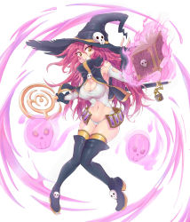 Rule 34 | 1girl, absurdres, bare shoulders, black gloves, black thighhighs, book, boots, breasts, cleavage, detached sleeves, fingerless gloves, full body, gloves, grin, hat, highres, jpeg artifacts, large breasts, long hair, looking at viewer, navel, open book, original, pink hair, ponytail, smile, solo, thigh boots, thighhighs, thighs, togin, very long hair, wand, witch hat