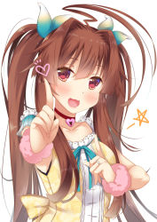 Rule 34 | 10s, 1girl, ahoge, alternate costume, alternate hairstyle, blush, brown eyes, brown hair, choker, dress, frilled dress, frills, heart, heart lock (kantai collection), index finger raised, jewelry, kantai collection, ko yu, koi dance, kuma (kancolle), long hair, looking at viewer, open mouth, pink wristband, ring, simple background, solo, star (symbol), twintails, twintails day, wedding band, white background, yellow dress