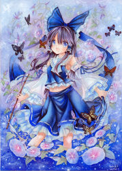 Rule 34 | 1girl, alternate color, black hair, blue eyes, blue theme, bow, bug, butterfly, dated, detached sleeves, flower, gohei, hair bow, hair tubes, hakurei reimu, insect, layered sleeves, long hair, long sleeves, looking at viewer, morning glory, mosho, multiple girls, navel, open mouth, player 2, shirt, signature, skirt, skirt set, smile, solo, touhou, traditional media, very long hair, wide sleeves