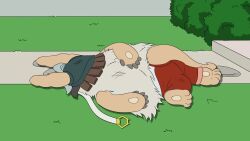 Rule 34 | 1other, androgynous, animal ears, bush, family guy, family guy death pose (meme), furry, grass, helmet, highres, injury, lying, made in abyss, meme, nanachi (made in abyss), on stomach, other focus, rabbit ears, scene reference, sidewalk, smugbuns, solo, tail, white hair