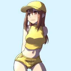 Rule 34 | 1girl, aaaa (quad-a), arms behind back, bad id, bad pixiv id, blue background, blush, breasts, brown eyes, brown hair, hat, long hair, medium breasts, original, simple background, solo