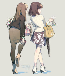 Rule 34 | 2girls, ankle boots, boots, brown eyes, brown hair, brown jacket, brown pantyhose, brown skirt, chinese commentary, commentary request, cross-laced footwear, floral print, from behind, grey background, high heel boots, high heels, highres, holding, holding wallet, jacket, lace-up boots, long hair, long sleeves, looking to the side, multiple girls, office lady taiwan, original, pantyhose, pencil skirt, pink bag, ribbed sweater, short hair, simple background, skirt, socks, sweater, tennohi, umbrella, wallet, white bag, white footwear, white sweater, yellow bag