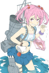 Rule 34 | 1girl, armband, blue skirt, collarbone, grin, hair bobbles, hair ornament, kantai collection, machinery, ninimo nimo, partially submerged, pink eyes, pink hair, pleated skirt, sazanami (kancolle), scrunchie, short hair, skirt, smile, smokestack, solo, torpedo, twintails, wading, white background, wrist scrunchie