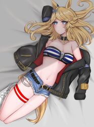 Rule 34 | 1girl, animal ears, bandeau, bare shoulders, bed sheet, belt, black belt, black choker, black jacket, blonde hair, blue bow, blue eyes, bow, breasts, choker, cleavage, commentary request, cutoffs, denim, denim shorts, gold city (umamusume), hair bow, highres, horse ears, jacket, long hair, long sleeves, lying, medium breasts, midriff, navel, off shoulder, on back, open clothes, open jacket, scrap (formerlymetal), short shorts, shorts, solo, stomach, strapless, striped bandeau, swept bangs, tail, thigh strap, thighs, tube top, umamusume, white footwear