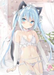 Rule 34 | 1girl, animal ear fluff, animal ears, bare shoulders, blue eyes, blue hair, blush, bow, bra, breasts, bridal gauntlets, cat ears, cat girl, cat tail, cleavage, collarbone, commentary request, curtains, flower, garter belt, grey bow, groin, hair between eyes, hair bow, indoors, long hair, looking at viewer, navel, original, panties, panties over garter belt, pink flower, pink rose, rose, saeki sora, small breasts, solo, tail, thighhighs, tiara, twintails, underwear, underwear only, very long hair, white bra, white flower, white panties, white rose, white thighhighs