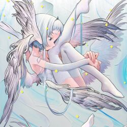 Rule 34 | 1girl, angel, angel wings, bare shoulders, detached sleeves, feathered wings, flat chest, grey eyes, highres, hugging own legs, kaede (shijie heping), knees to chest, multiple wings, oil painting (medium), original, painting (medium), profile, seraph, short hair, solo, thighhighs, traditional media, white hair, white thighhighs, wings