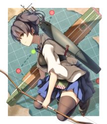Rule 34 | 10s, 1girl, arrow (projectile), bad id, bad pixiv id, black thighhighs, bow (weapon), brown eyes, brown hair, japanese clothes, kaga (kancolle), kantai collection, muneate, side ponytail, skirt, solo, thighhighs, weapon, yoshikanakamura, zettai ryouiki