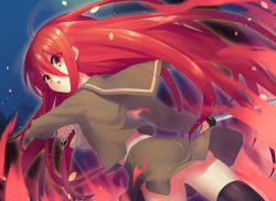 Rule 34 | 1girl, :o, alastor (shakugan no shana), black thighhighs, dutch angle, from behind, from below, highres, jewelry, long hair, looking at viewer, looking back, night, ohlia, pendant, red eyes, school uniform, serafuku, shakugan no shana, shana, solo, sword, thighhighs, weapon